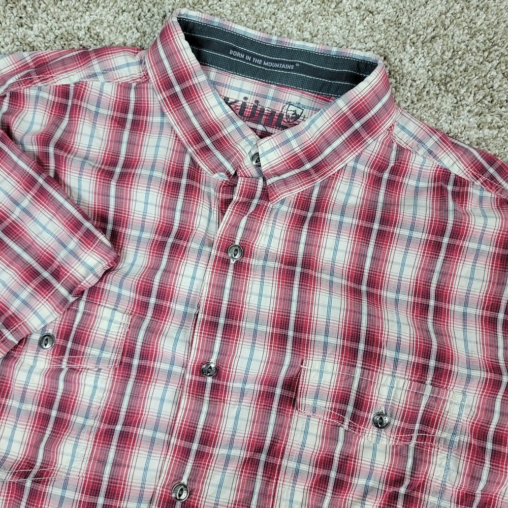 Kuhl Mens Large Red Plaid Button Down Short Sleeve Workshirt Linen Blend